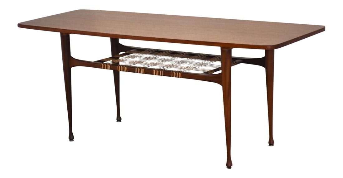 1960s Danish Modern Teak Coffee Table with Cane Shelf: 1960s Danish Modern Teak Coffee Table with Cane Shelf This stunning 1960s Danish Modern style coffee table showcases elegant mid-century design with a tall teak construction and a convenient lower can