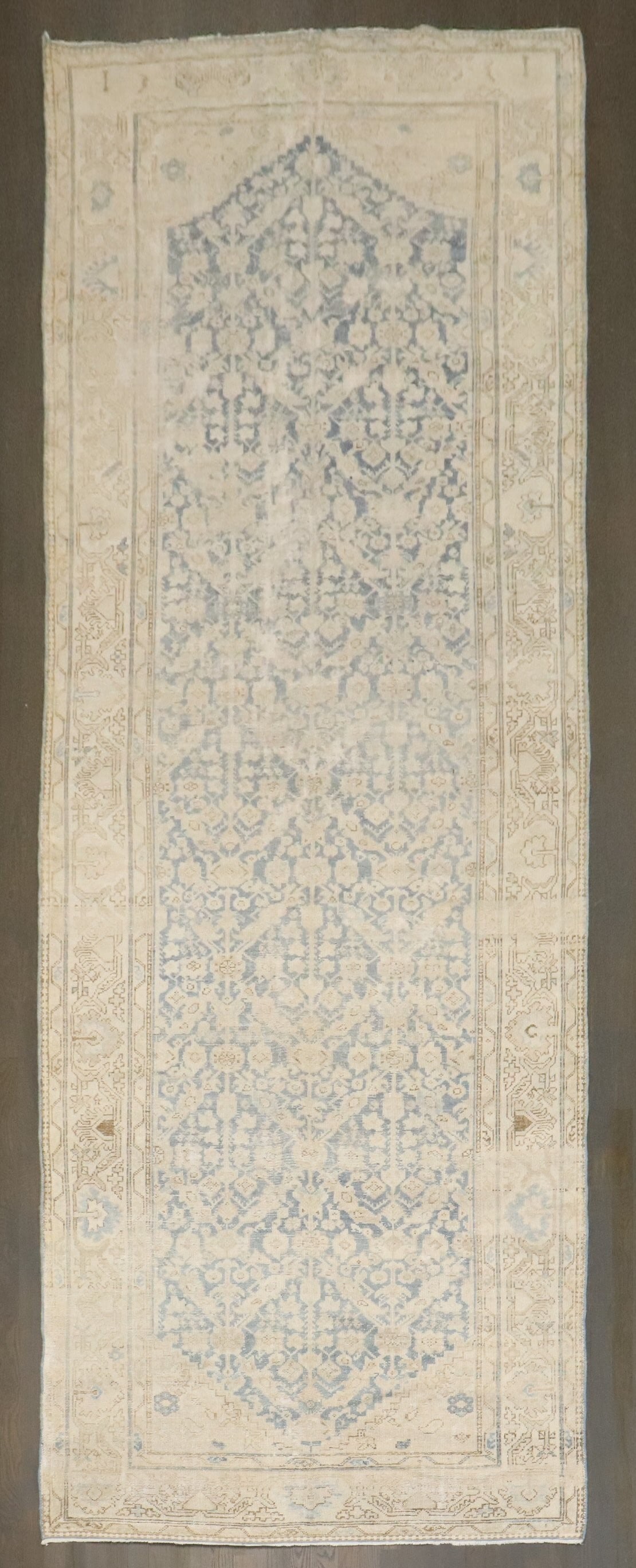 4' 10" x 13' 6" Persian Malayer Gallery Runner in Blue and Cream: 4' 10" x 13' 6" Persian Malayer Gallery Runner in Blue and Cream Persian Malayer gallery runner in a soft blue and cream palette, dating to the 2nd quarter of the 20th century. This pre-owned runner f