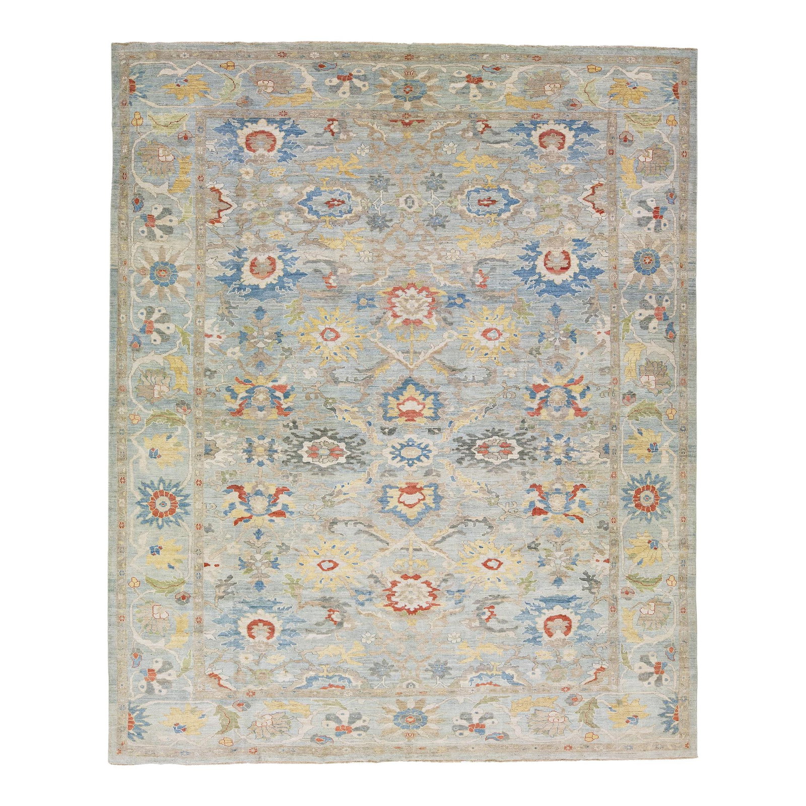 Sultanabad Light Blue Wool Rug 13'6 x 16'4 Floral Design: Sultanabad Light Blue Wool Rug 13'6 x 16'4 Floral Design This exquisite modern Sultanabad rug showcases a stunning light blue color field adorned with an all-over floral pattern, beautifully enhanced 