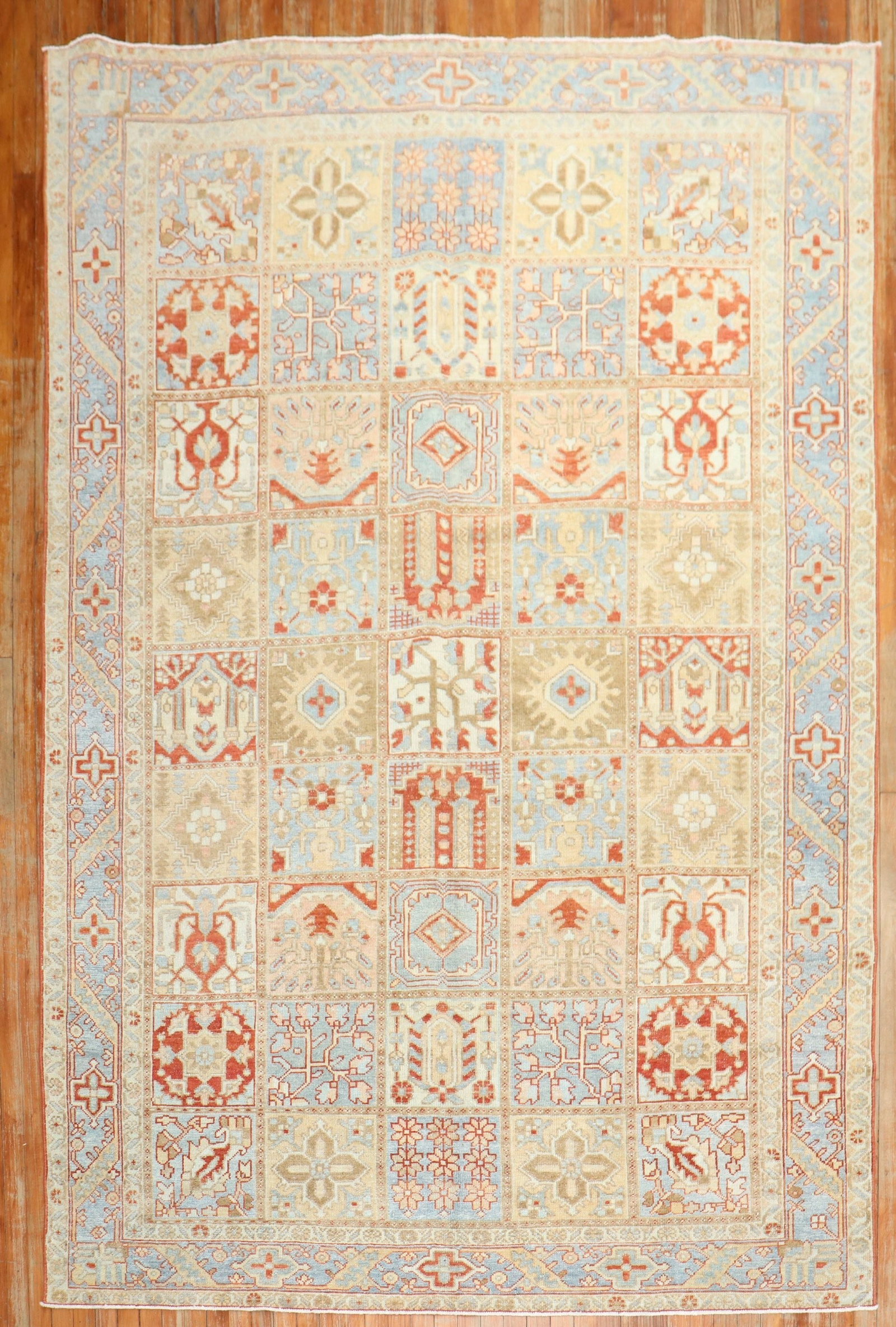 6' 10" x 9' 8" Persian Bakhtiari Garden Design Rug: 6' 10" x 9' 8" Persian Bakhtiari Garden Design Rug Mid 20th century Persian Bakhtiari rug featuring a garden box design. This pre-owned room-size rug is identified as an intermediate Bakhtiari type. S