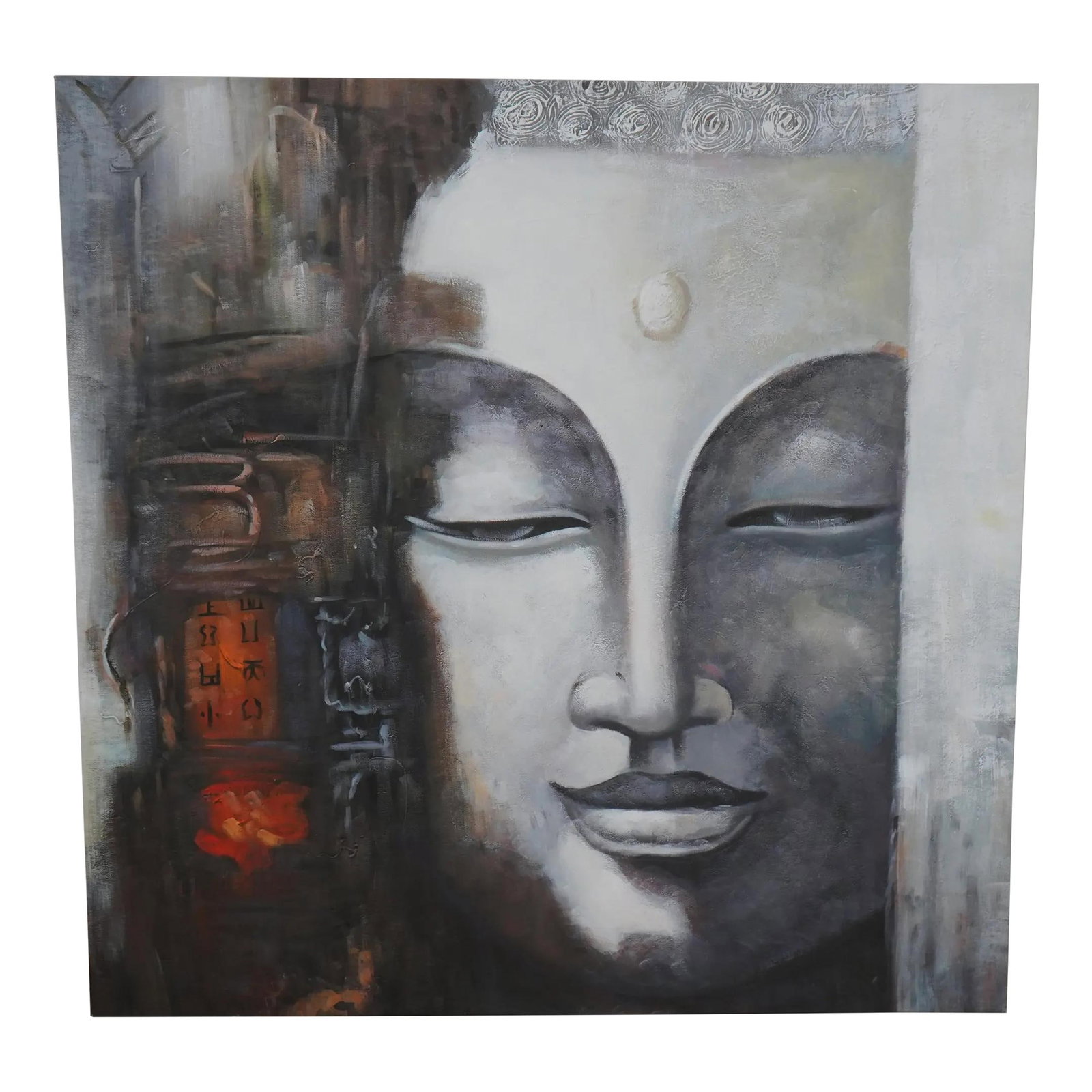 Modern Abstract Buddha Face Oil Painting 38x38 Canvas: Modern Abstract Buddha Face Oil Painting 38x38 Canvas This striking Modern Abstract Buddha Face oil painting on canvas is an exceptional piece, perfect for enhancing any modern or mid-century decor. M