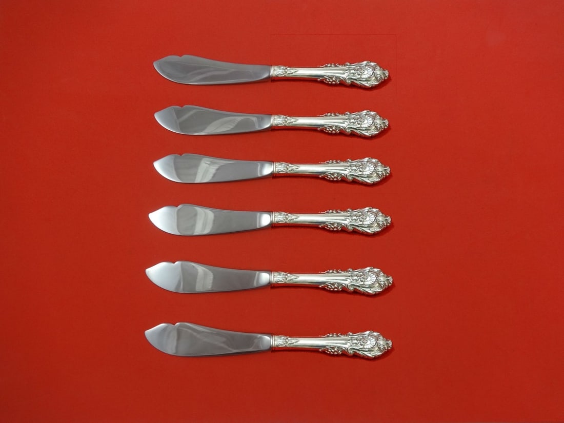 Wallace Sir Christopher 6pc Sterling Silver Trout Knife Set Custom Made: Wallace Sir Christopher 6pc Sterling Silver Trout Knife Set Custom Made This exquisite 6-piece trout knife set features the elegant Sir Christopher pattern by Wallace. Crafted from sterling silver, ea