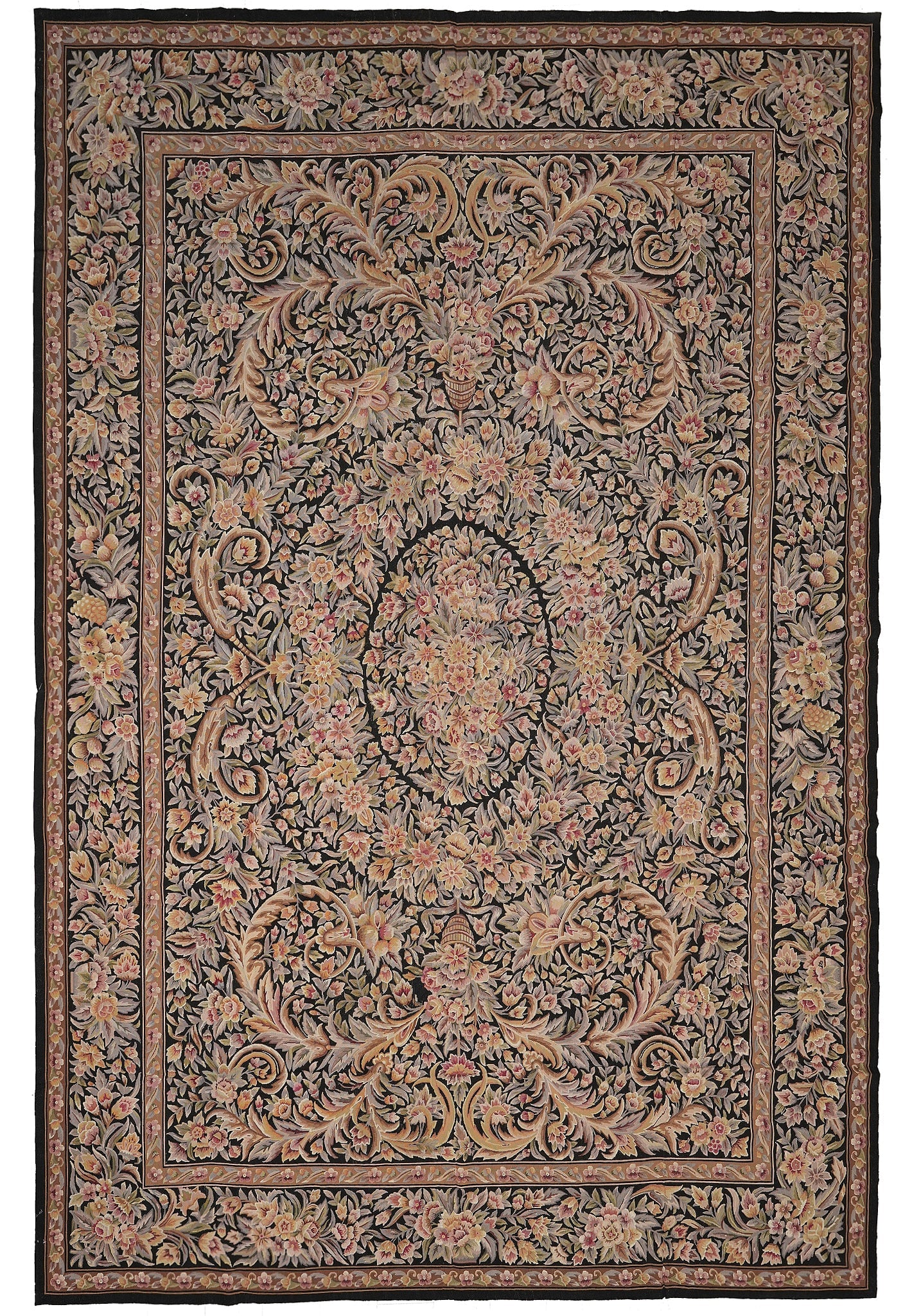 10 x 14.4 Black Aubusson Flat Weave Wool Tapestry Rug: 10 x 14.4 Black Aubusson Flat Weave Wool Tapestry Rug Free continental US Shipping This is a handmade black flat Aubusson weave rug with a tapestry carpet construction and a unique French-inspired des