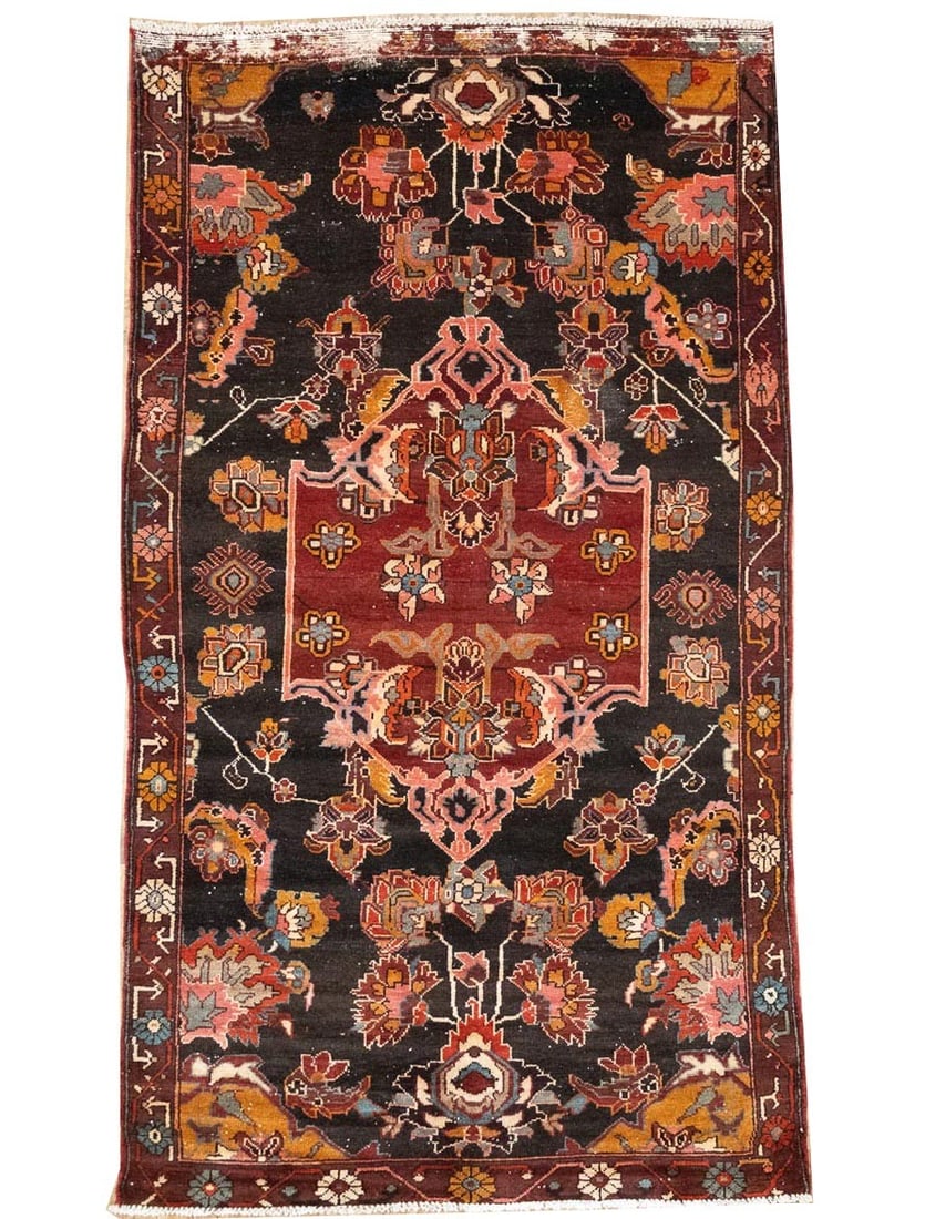 Hand-Knotted Wool Floral Area Rug 5x9 Ft Vintage Traditional: Hand-Knotted Wool Floral Area Rug 5x9 Ft Vintage Traditional This semi-antique hand-knotted wool Oriental rug features a classic floral pattern in rich tones of dark brown, maroon red, gold, light blu