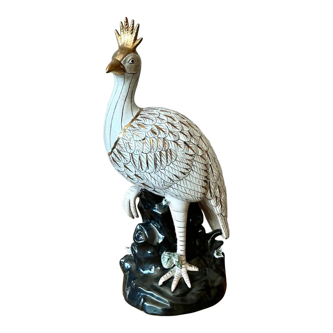 White Glazed Ceramic Peacock Sculpture with Gold Detailing on Rock Base (1 of 5)