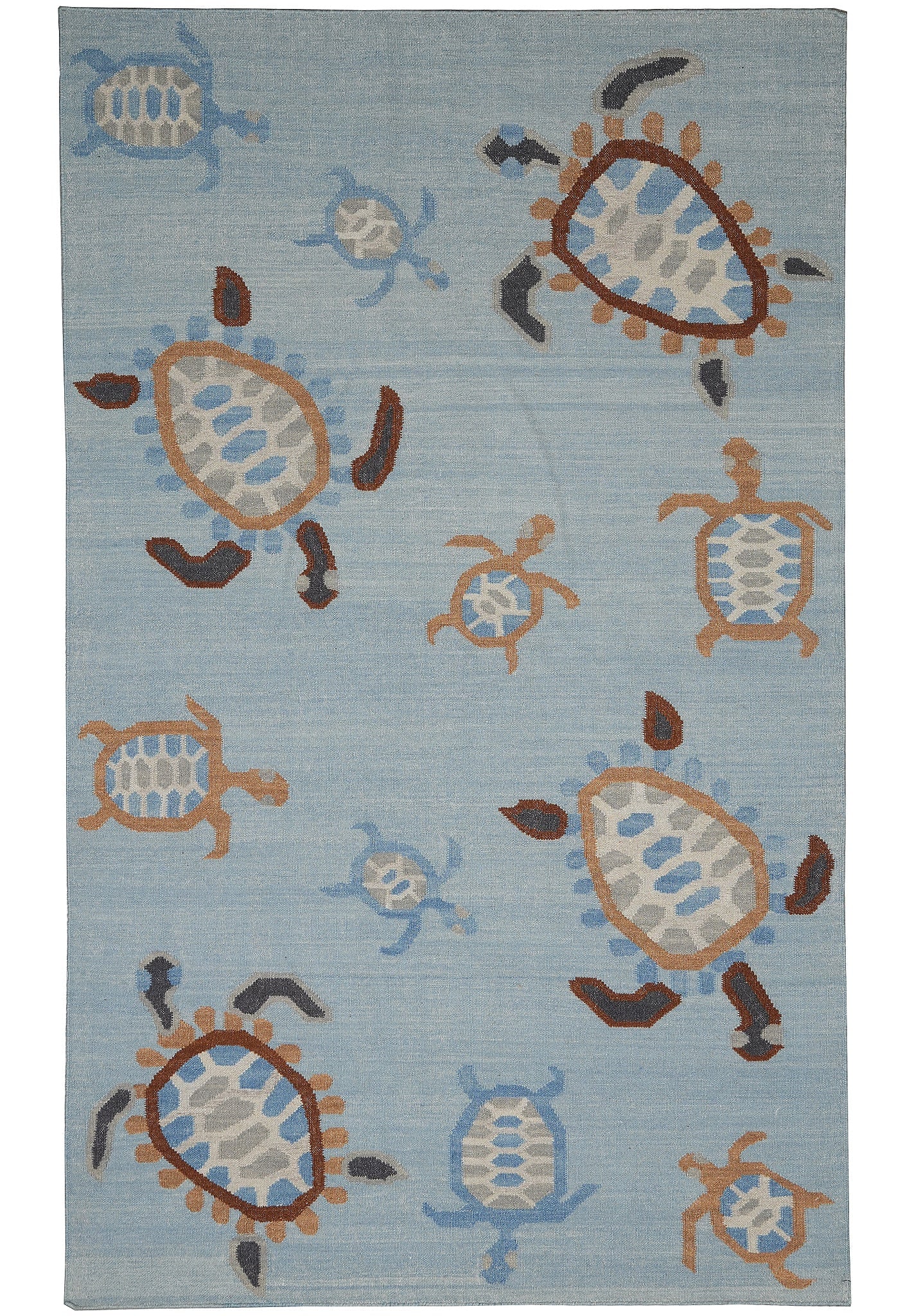 5 x 8 Light Blue Handmade Dhurry Kilim Rug with Turtle Motif: 5 x 8 Light Blue Handmade Dhurry Kilim Rug with Turtle Motif Free continental US Shipping This 5 x 8 light blue handmade dhurry kilim rug features a playful turtle pattern, blending traditional flatwe