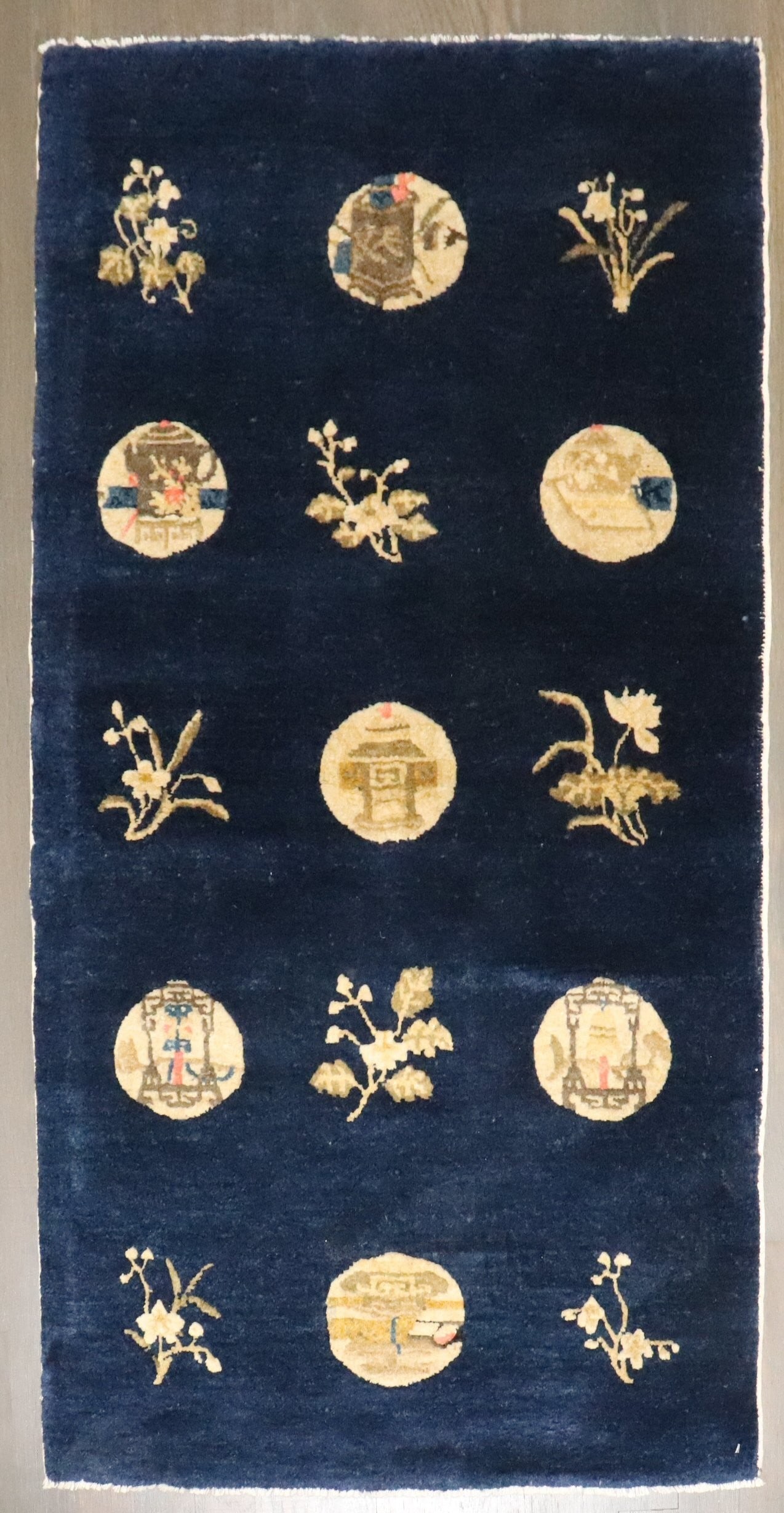2' 3" x 4' 1" Chinese Peking rug in blue: 2' 3" x 4' 1" Chinese Peking rug in blue Early 20th century Chinese Peking small rug in blue. This pre-owned rug is identified as a small category piece. Specifications Type: Chinese Peking Category: 