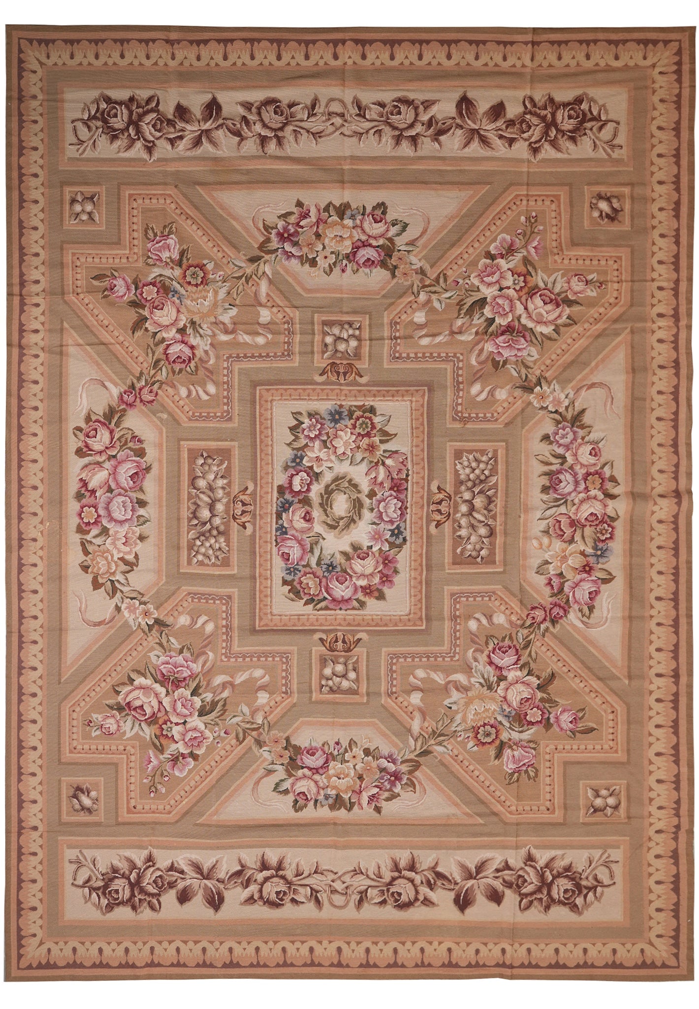 9.9 x 13.6 Fine Flat Weave Aubusson Wool Rug: 9.9 x 13.6 Fine Flat Weave Aubusson Wool Rug Free continental US Shipping This 9.9 x 13.6 Aubusson-style area rug features a fine flat-weave, pile-less construction with a smooth surface and a classic