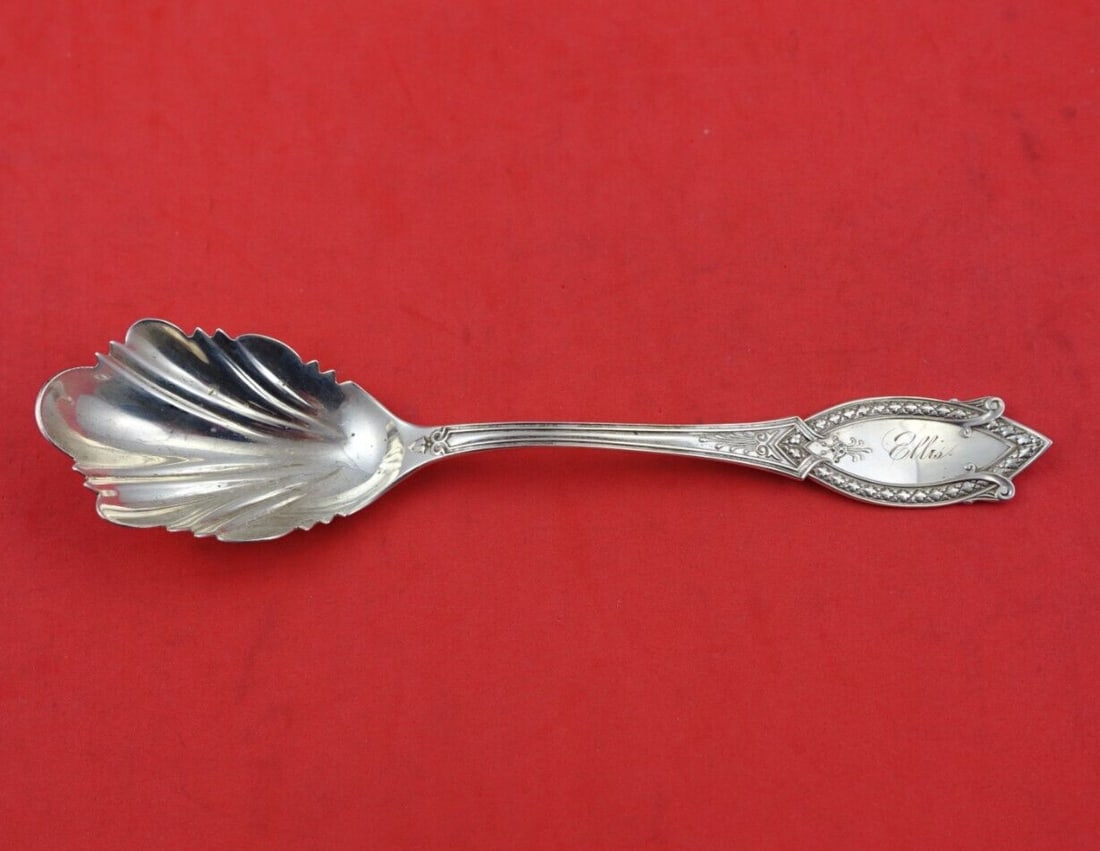 John Polhamus Shiebler Sterling Silver Fluted Preserve Spoon 7 Diamond Pattern: John Polhamus Shiebler Sterling Silver Fluted Preserve Spoon 7 Diamond Pattern This exquisite serving spoon features the 'Diamond' pattern by renowned maker John Polhamus and crafted by Shiebler. Made