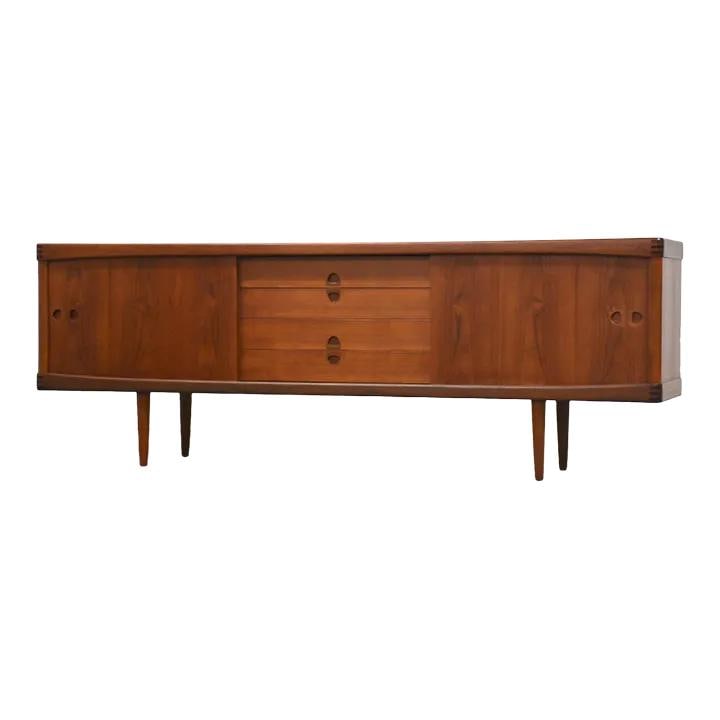 1960s Teak Sideboard Credenza by Bramin Professionally Refinished: 1960s Teak Sideboard Credenza by Bramin Professionally Refinished This stunning mid-century modern teak credenza by Bramin showcases a sleek design with two sliding doors and four spacious drawers. Pr