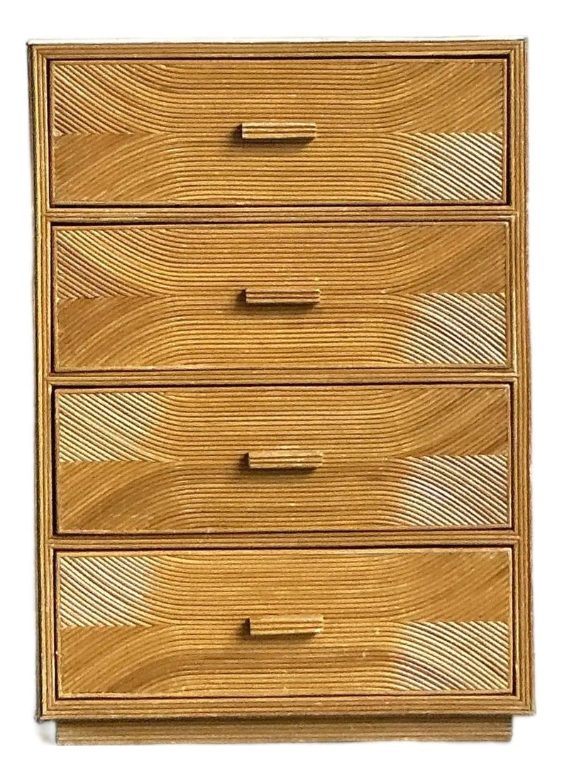 Pencil Reed Rattan Bohemian Chest with Four Drawers and Blonde Finish: Pencil Reed Rattan Bohemian Chest with Four Drawers and Blonde Finish This vintage Boho pencil reed chest of drawers features meticulously crafted horizontal pencil reed rattan fronts, creating a uniq