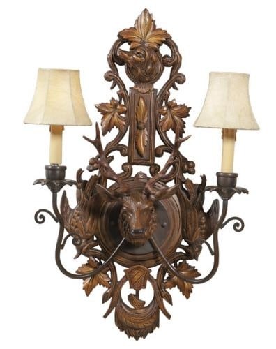 Lodge Style Resin Wall Sconce with Deer Stag Design: Lodge Style Resin Wall Sconce with Deer Stag Design Illuminate your space with this stunning Lodge Style Faux Leather Stag Sconce. Crafted from durable resin, this wall sconce showcases a charming dee