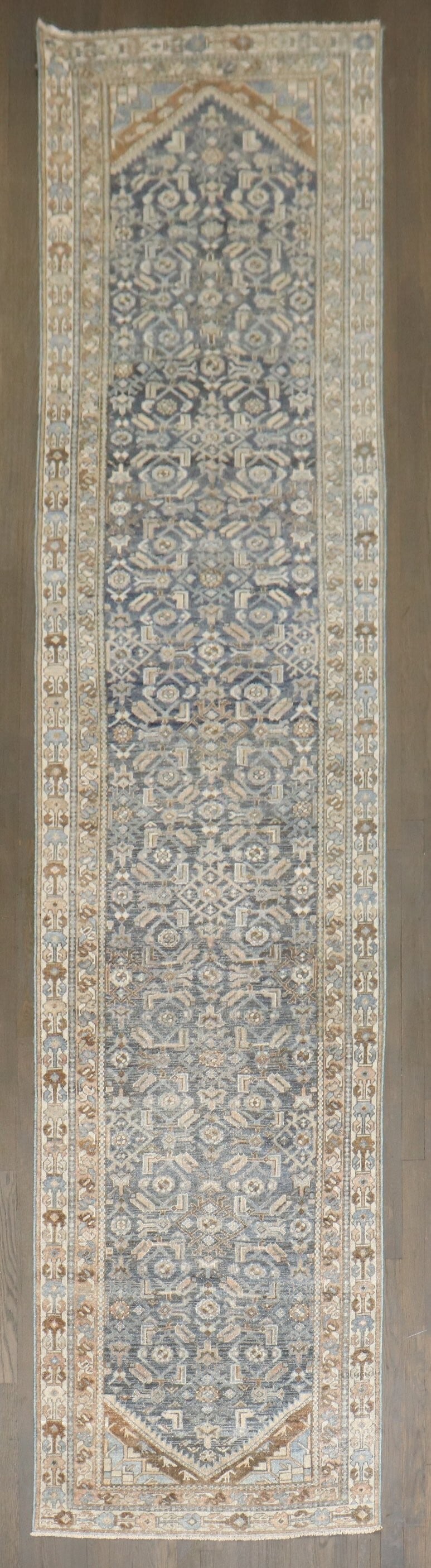 2' 11" x 12' 5" Persian Malayer rug runner in blue: 2' 11" x 12' 5" Persian Malayer rug runner in blue Vintage Persian Malayer runner from the 1920s in an ink blue palette. This pre-owned rug features the classic long, narrow runner format and is ident