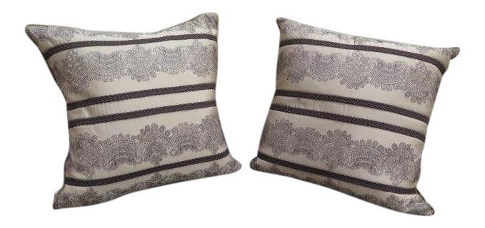 Elegant Tan Silk Designer Pillows with Brown Trim - Set of 2 (1 of 9)