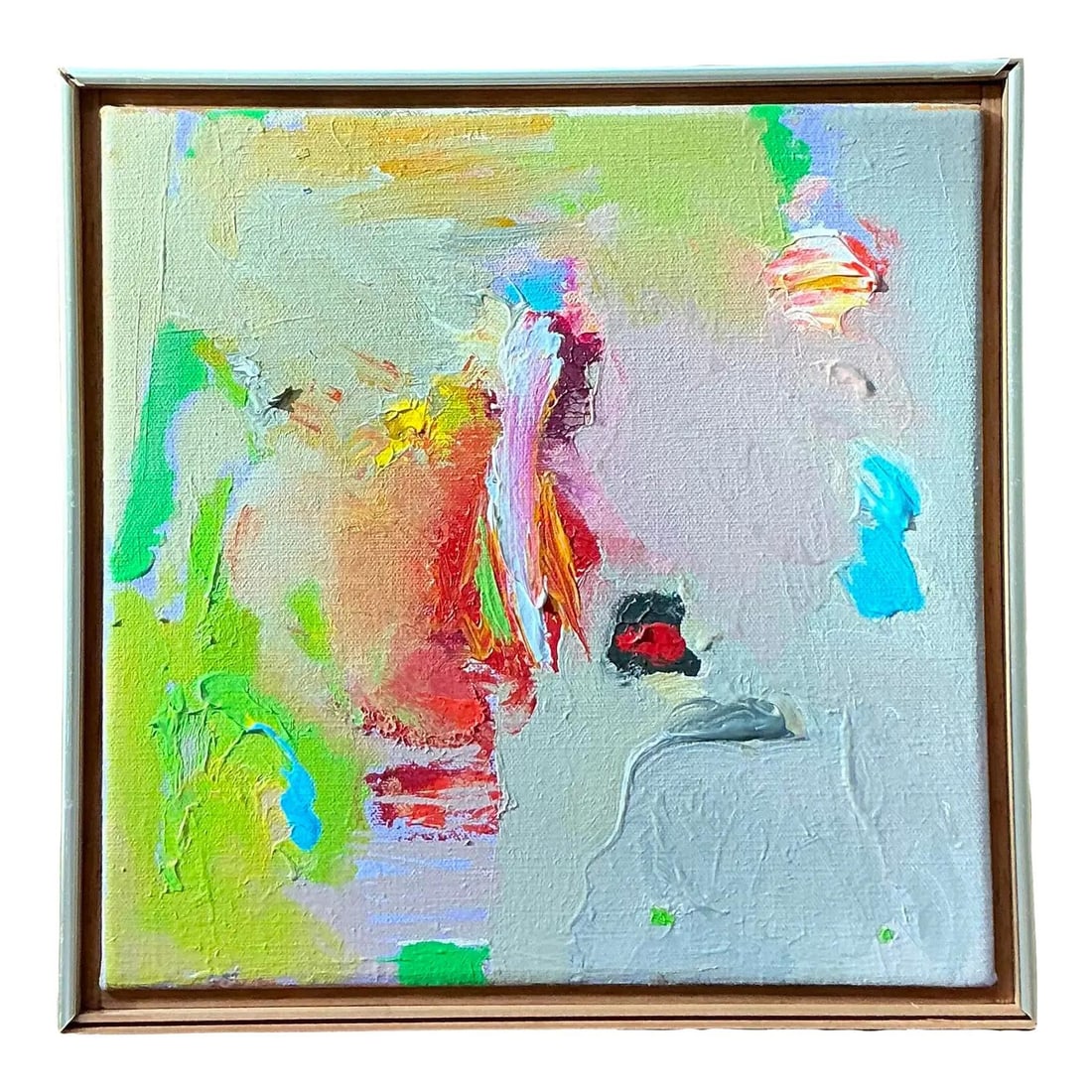 1980s Abstract Expressionist Oil on Canvas in Floater Frame 12.25" Square: 1980s Abstract Expressionist Oil on Canvas in Floater Frame 12.25" Square This vintage abstract oil painting from the 1980s embodies the dynamic energy and bold color palette characteristic of late 20