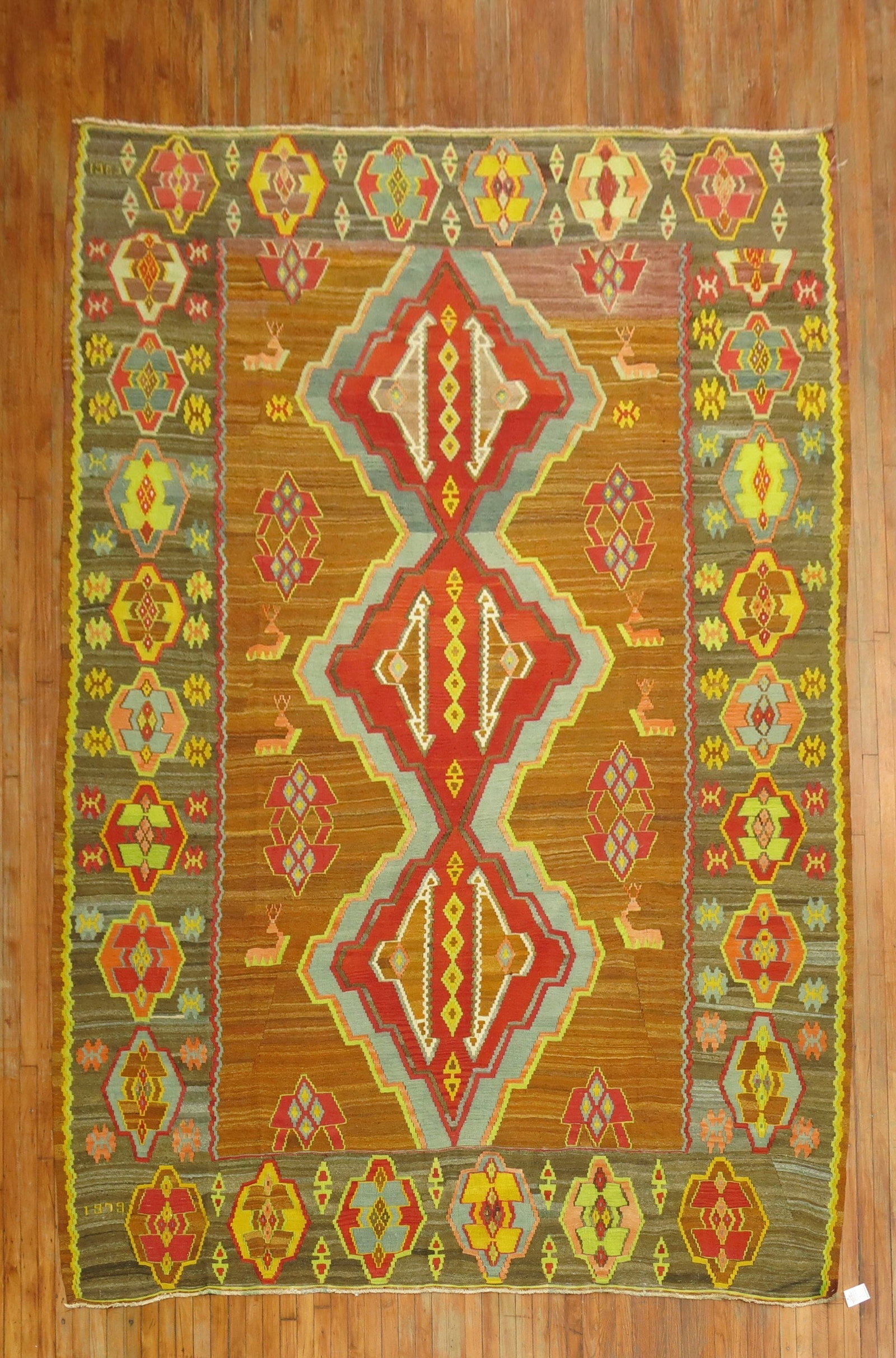 9' 2" x 13' 5" Vintage Turkish Kilim Rug with Geometric Medallions: 9' 2" x 13' 5" Vintage Turkish Kilim Rug with Geometric Medallions One-of-a-kind vintage Turkish kilim with a colorful geometric design. This room-size piece features three large geometric medallions 