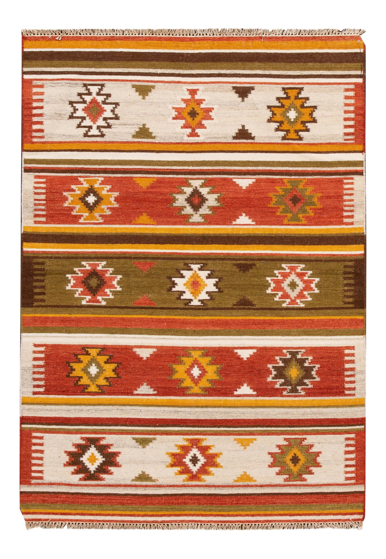 Hand-Woven Modern Kilim Rug Ivory Geometric 4'7" x 6'6" Wool: Hand-Woven Modern Kilim Rug Ivory Geometric 4'7" x 6'6" Wool Enhance your living space with this stunning hand-woven modern Kilim rug. Featuring an elegant ivory field adorned with vibrant multi-color