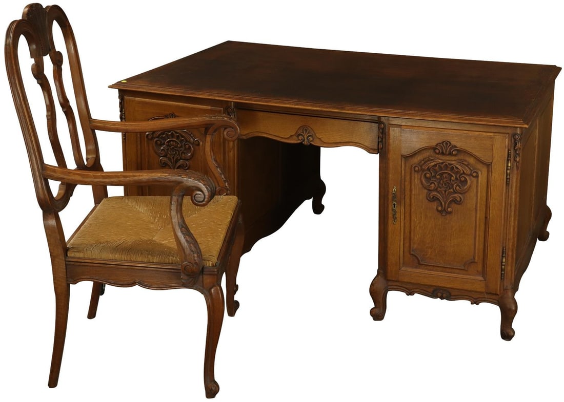 French Vintage Louis XV Oak Desk and Chair Set Chestnut Finish: French Vintage Louis XV Oak Desk and Chair Set Chestnut Finish This exquisite French vintage desk and chair set, crafted in the elegant Louis XV style, offers a timeless charm to any workspace. Made f