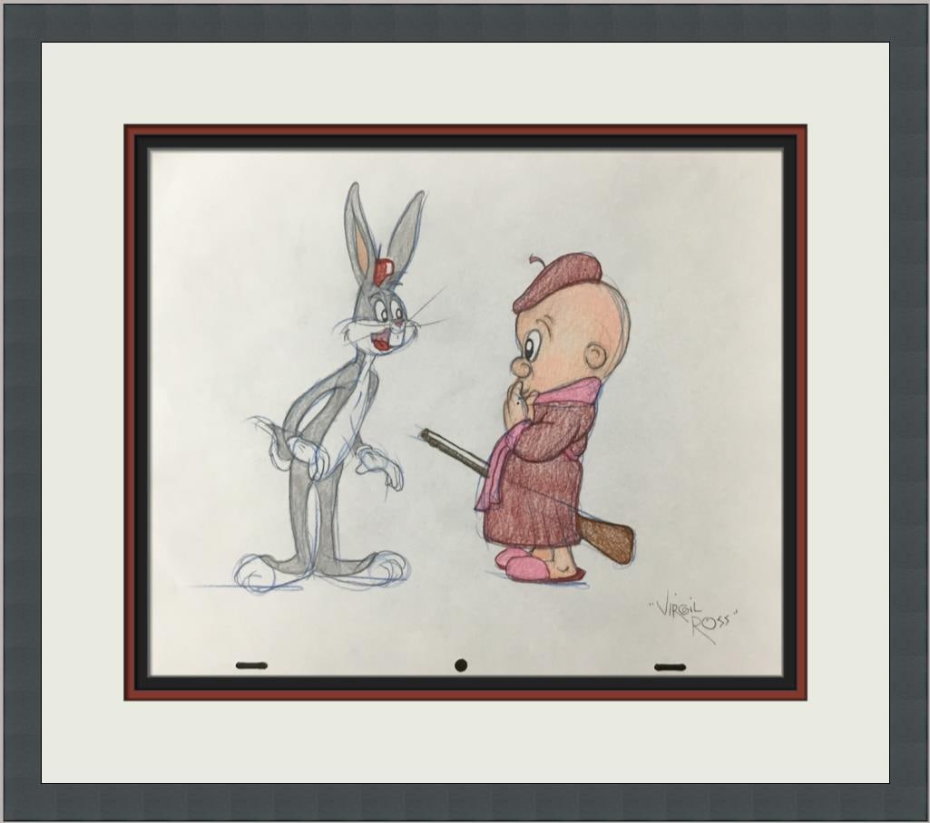 Virgil Ross Signed Elmer J Fudd Bugs Bunny Model Sheet Original Framed: Virgil Ross Signed Elmer J Fudd Bugs Bunny Model Sheet Original Framed This original model sheet drawing features iconic characters Elmer J. Fudd and Bugs Bunny, expertly illustrated by animator Virgi