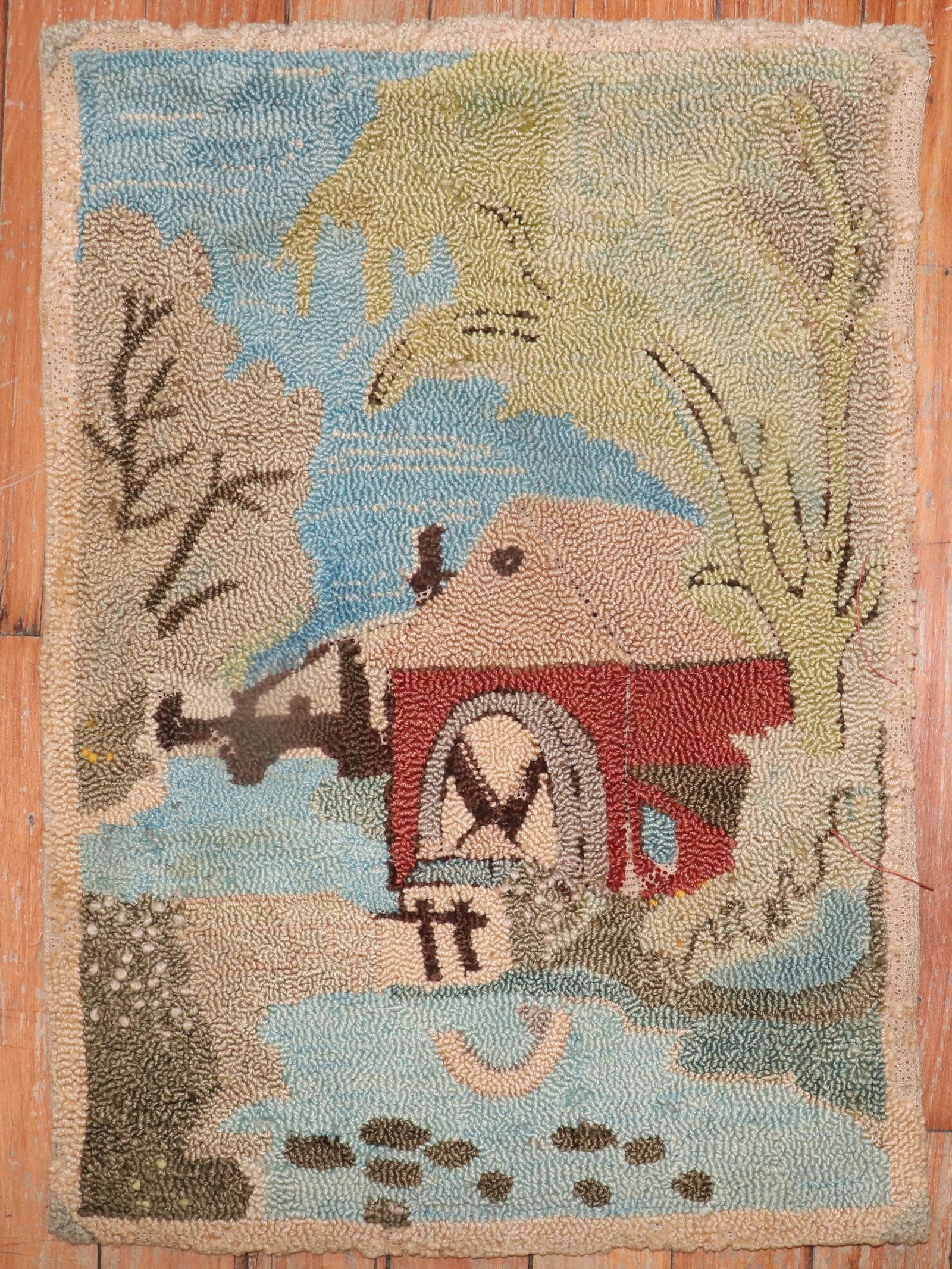 1' 2" x 1' 7" American pictorial hooked yastik rug (1 of 4)