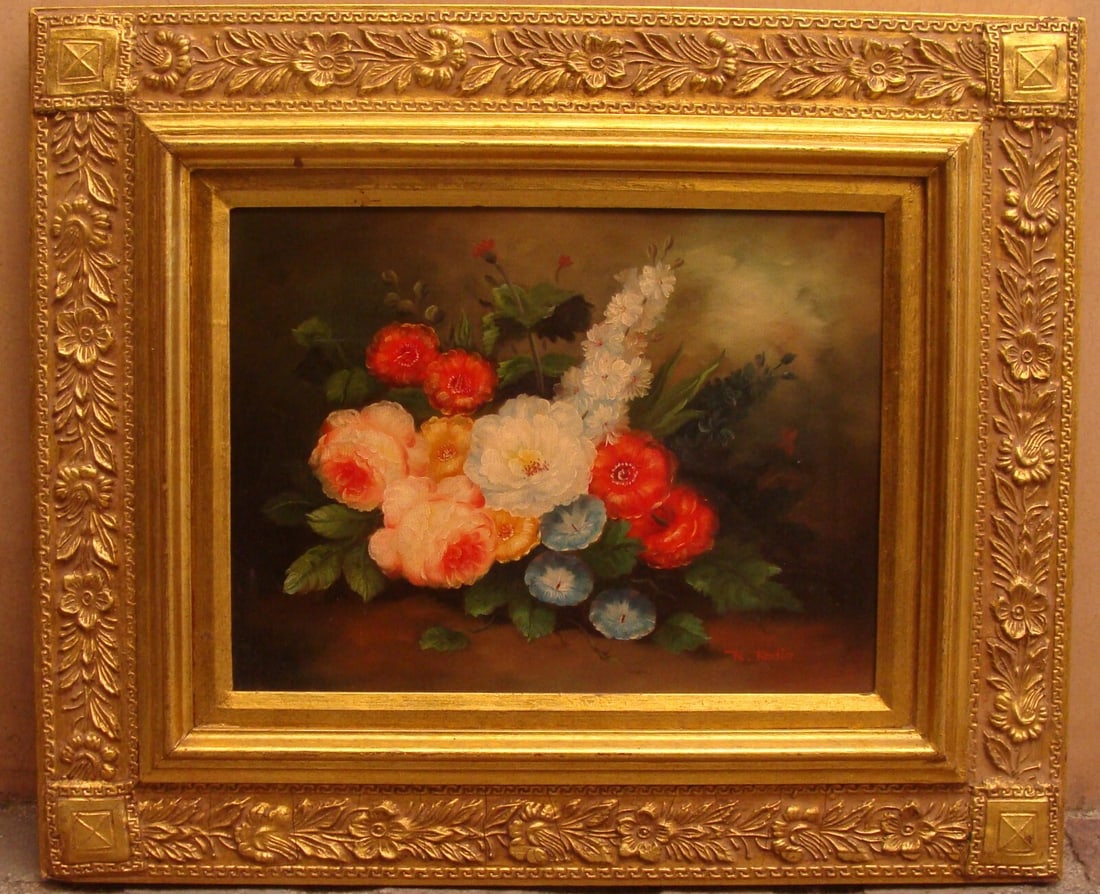 Original R. Rodin French Floral Oil Painting in Hand-Carved Frame: Original R. Rodin French Floral Oil Painting in Hand-Carved Frame Experience the beauty of this exquisite French oil on canvas still life painting by renowned artist R. Rodin. Created in the 1950s, th