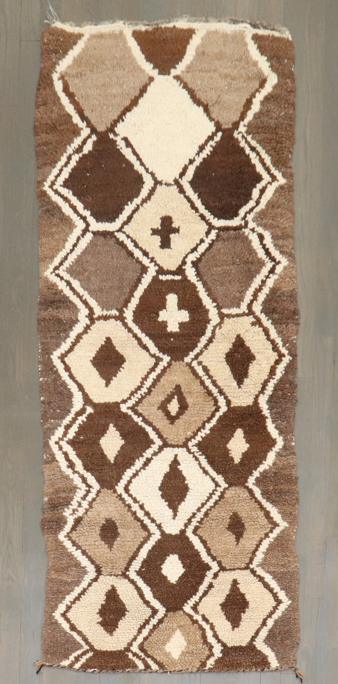 2' 5" x 5' 8" Small Moroccan Runner in Brown and Cream: 2' 5" x 5' 8" Small Moroccan Runner in Brown and Cream Mid-20th-century Moroccan geometric runner featuring a brown and cream palette. This pre-owned small runner offers a classic geometric design in 