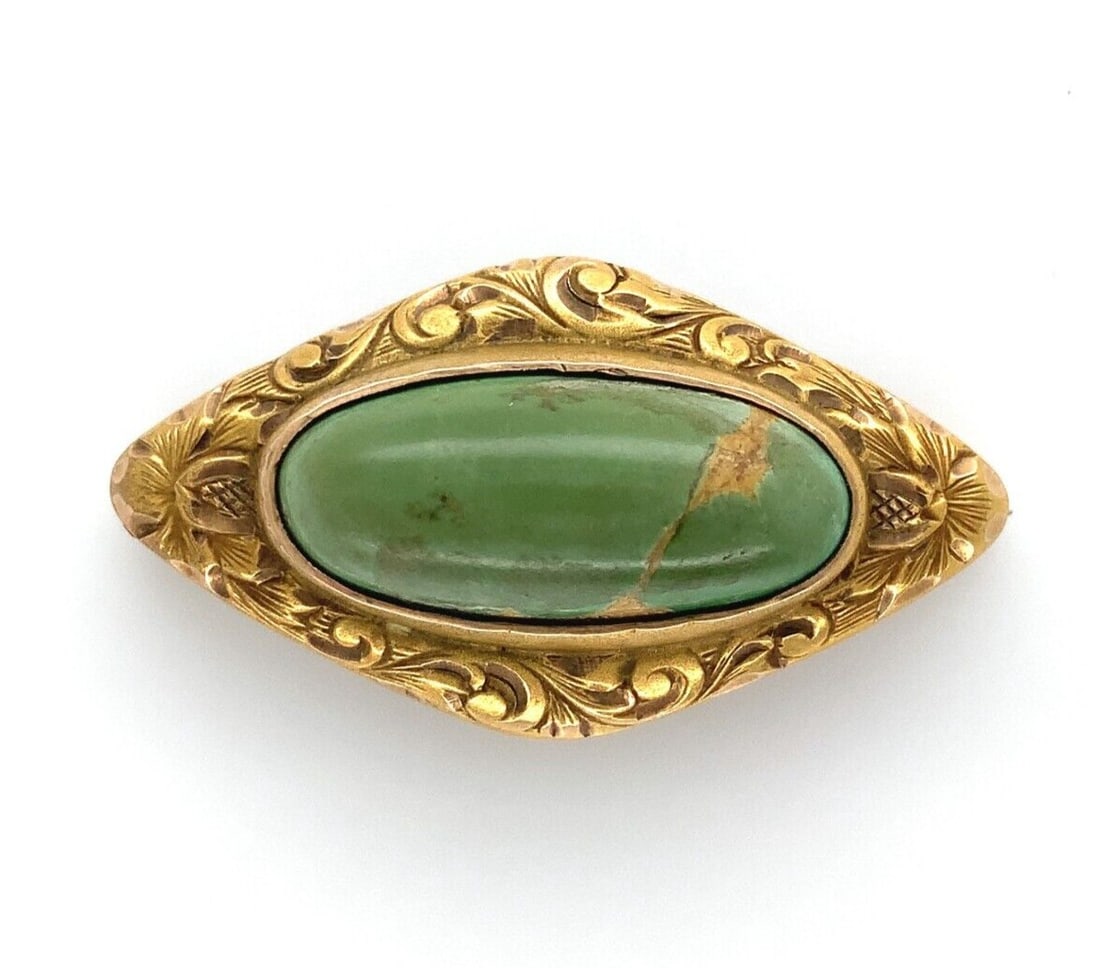 Victorian OB 10k Yellow Gold Pin with Green Turquoise Cabochon: Victorian OB 10k Yellow Gold Pin with Green Turquoise Cabochon This is an antique Victorian-era pin crafted from 10k yellow gold and features a genuine natural turquoise cabochon. The turquoise displa