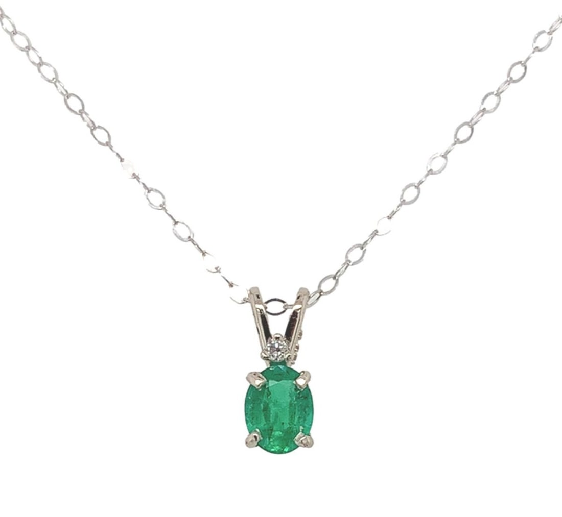 Oval Natural Emerald and Diamond Pendant Necklace in 14k White Gold .33ct (1 of 9)