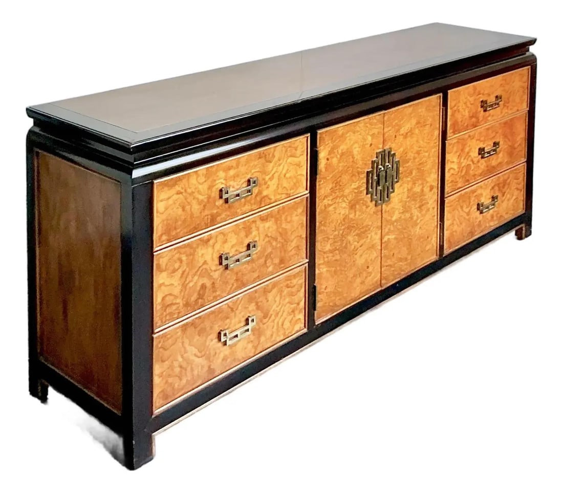 Chin Hua Collection Burlwood Pagoda Dresser With Brass Accents by Century: Chin Hua Collection Burlwood Pagoda Dresser With Brass Accents by Century This vintage credenza from Century Furniture's Chin Hua collection, designed by Raymond Sobota, features a dramatic architectu