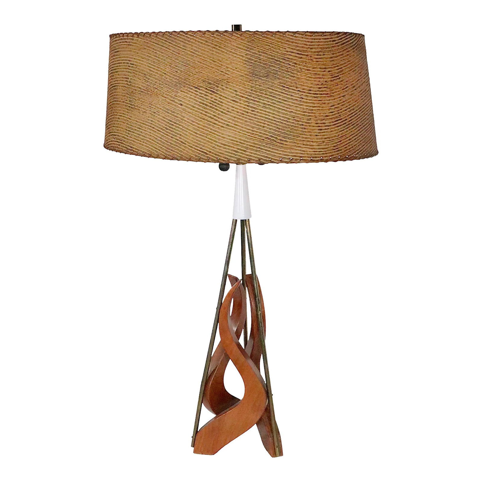 Mid Century Sculptural Table Lamp with Original Shade 1950s: Mid Century Sculptural Table Lamp with Original Shade 1950s This stunning sculptural Mid Century table lamp, possibly designed by Adrian Pearsall or Modeline, features a unique design with organic woo