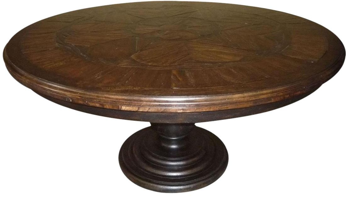 Round Catalan Dining Table Rustic European Parquetry Walnut Finish: Round Catalan Dining Table Rustic European Parquetry Walnut Finish Introducing a stunning Round Catalan Dining Table, crafted in a rustic European style that combines elegance with functionality. This