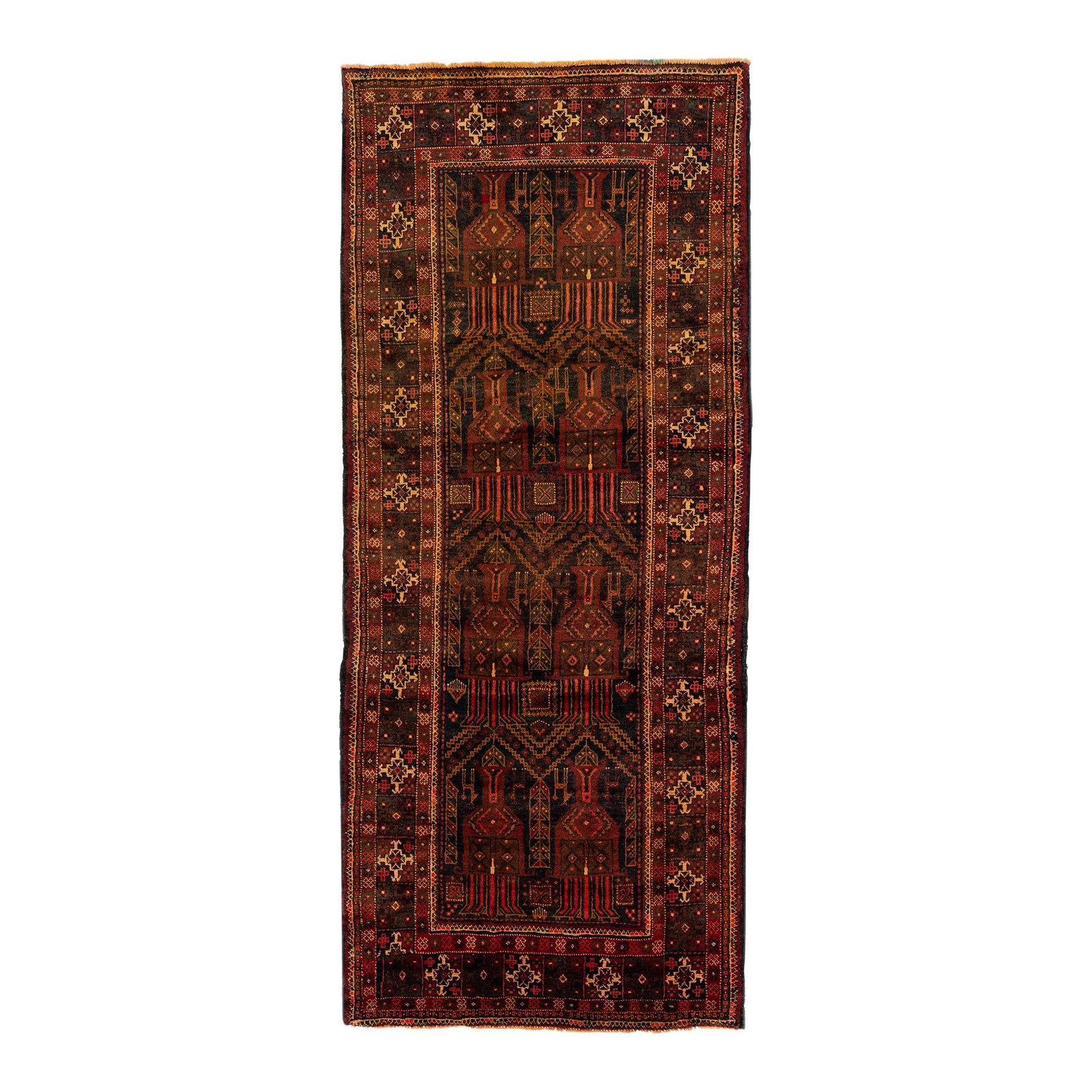 Vintage Persian Shiraz Handmade Wool Rug Red Geometric Design 4'1" x 9'9": Vintage Persian Shiraz Handmade Wool Rug Red Geometric Design 4'1" x 9'9" Discover the elegance of this vintage Persian Shiraz hand-knotted wool rug, featuring a vibrant red color field complemented b