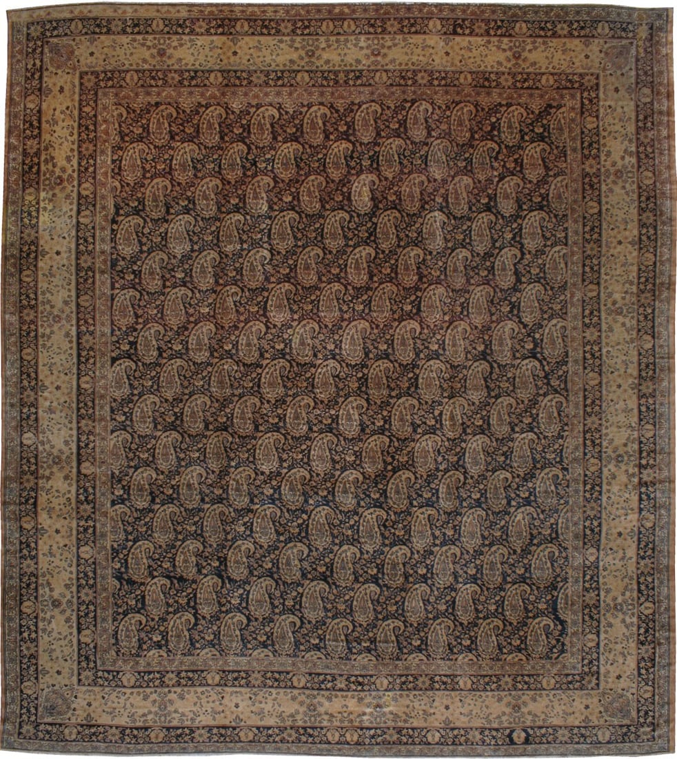 13' 9" x 15' 5" Persian Senneh rug with boteh design: 13' 9" x 15' 5" Persian Senneh rug with boteh design Early 20th century Persian Senneh rug featuring an overall boteh design on an abrashed brown ground with dominant taupe accents. This pre-owned ove