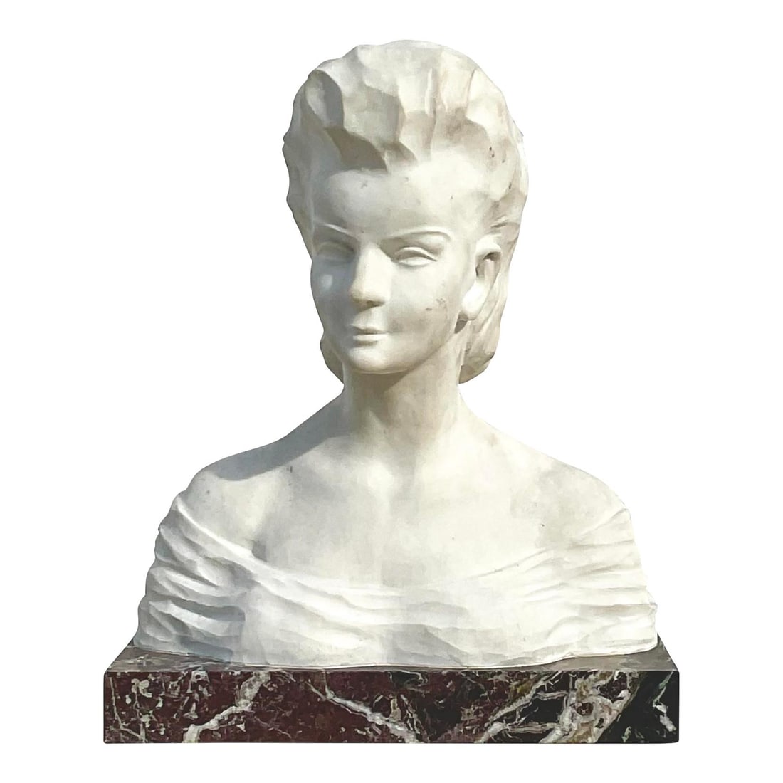 Signed Female Stone Bust on Marble Plinth 20.0 in: Signed Female Stone Bust on Marble Plinth 20.0 in Vintage signed stone bust depicting a female figure with graceful sculpting and a serene expression. The piece features softly carved drapery, a styli