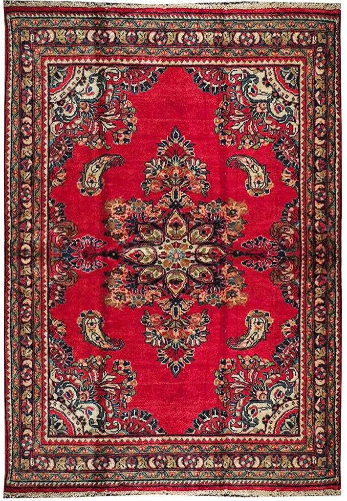 5'3 x 6'9 Red Semi Antique Persian Sarouk Rug Handmade Wool: 5'3 x 6'9 Red Semi Antique Persian Sarouk Rug Handmade Wool Free continental US Shipping Transform your living space with this exquisite 5'3" x 6'9" Red Semi Antique Persian Sarouk Rug, handcrafted by
