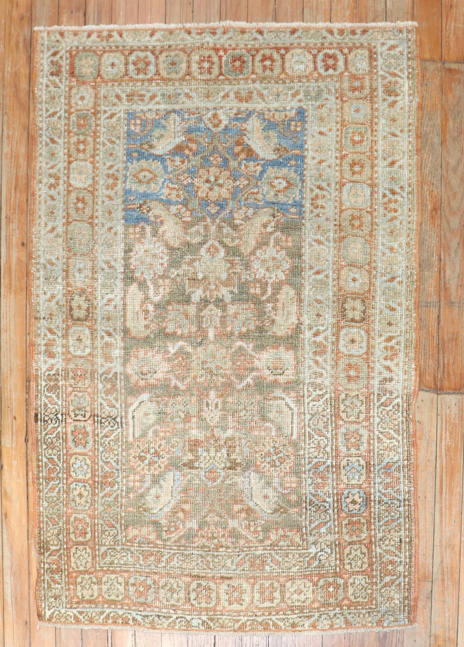 2' 8" x 3' 11" Persian Heriz Throw Rug with Abrash: 2' 8" x 3' 11" Persian Heriz Throw Rug with Abrash Antique Persian Serapi/Heriz throw rug featuring a compact Herati design and a lovely abrash. The muted color palette makes it well suited for smalle