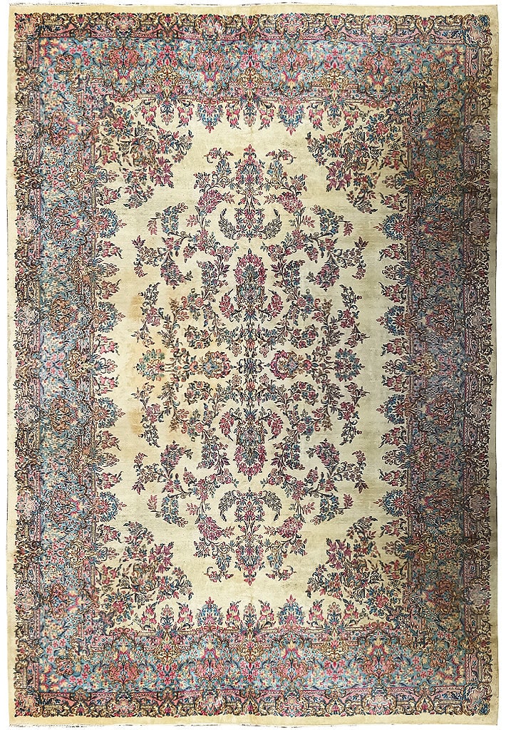 Antique 9.7 x 14.4 ft Persian Kerman Lavar Rug 1940s Handwoven Wool: Antique 9.7 x 14.4 ft Persian Kerman Lavar Rug 1940s Handwoven Wool Free continental US Shipping Discover the timeless elegance of this exquisite 9.7 x 14.4 ft (115 x 172 in) Old Persian Kerman Lavar 