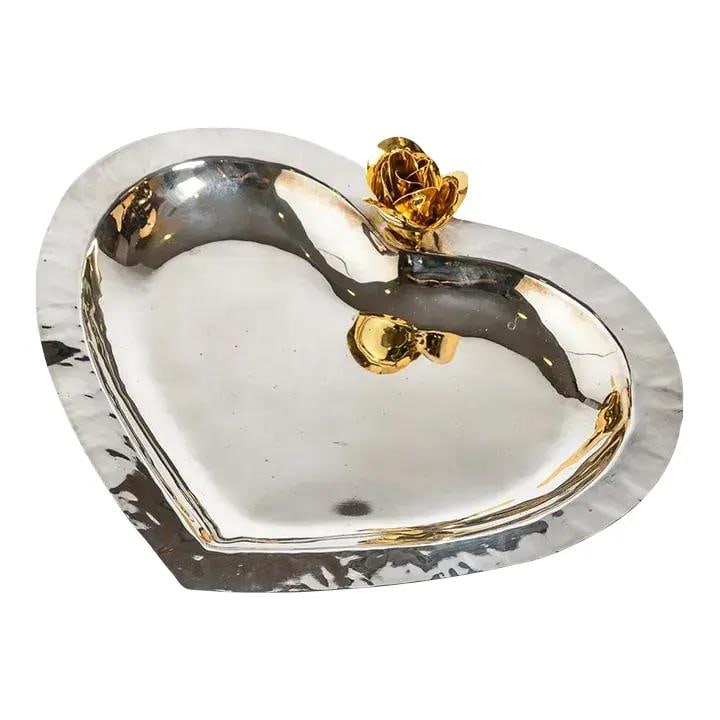Heart Shape Tray by Hauy Pouigo Silver Plated with Gold Rose Italy 1980s (1 of 9)