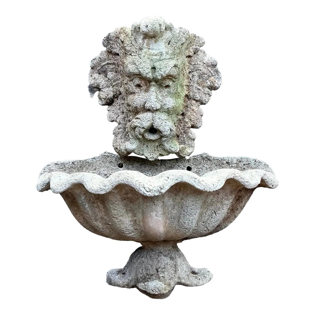 Vintage Coastal Cast Stone Grotesque Face Clamshell Fountain: Vintage Coastal Cast Stone Grotesque Face Clamshell Fountain Enhance your garden or interior with this Vintage Coastal Cast Stone Grotesque Face & Clamshell Wall Fountain, a stunning piece of sculptur