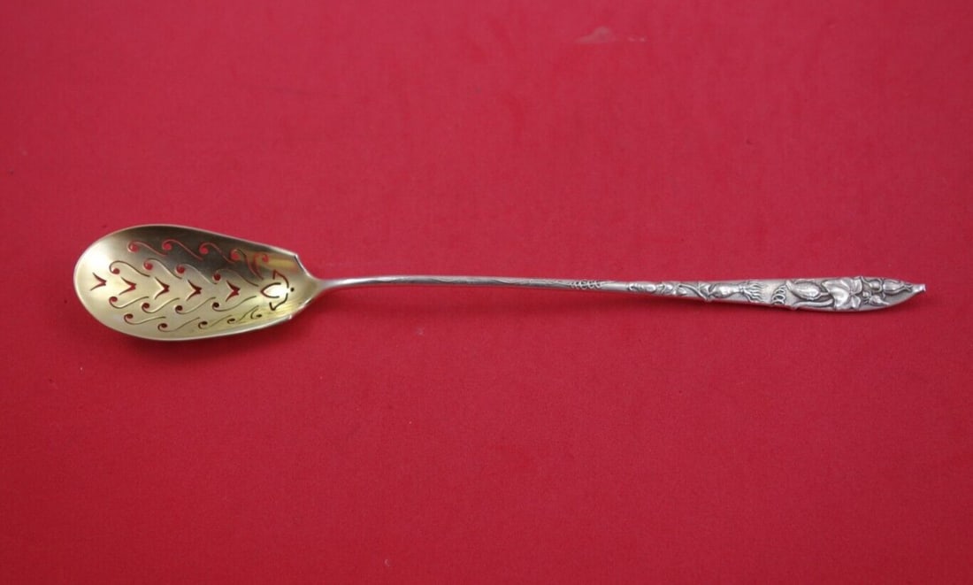 Tiffany & Co. Vine Sterling Silver Olive Spoon 8 1/8 with Gold-Washed Bowl: Tiffany & Co. Vine Sterling Silver Olive Spoon 8 1/8 with Gold-Washed Bowl Discover a stunning piece of history with this Vine by Tiffany Sterling Silver Olive Spoon. Crafted from high-quality sterlin