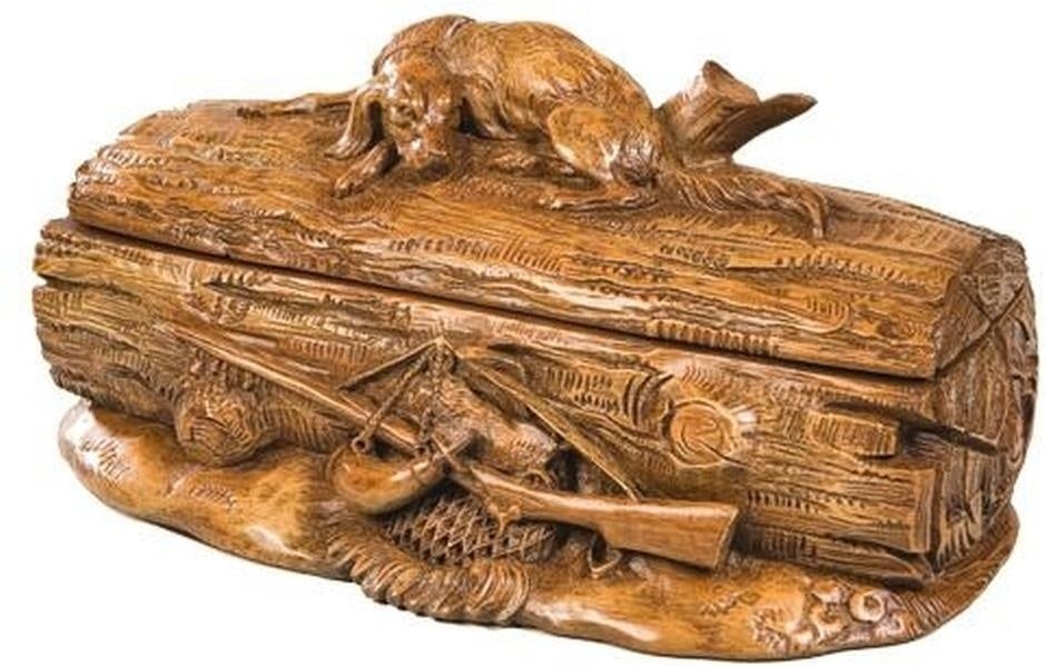 USA-Made Lodge Style Resin Hunting Dog Lidded Box: USA-Made Lodge Style Resin Hunting Dog Lidded Box This item is made at time of order. Please allow 42 to 70 days for production. Discover this beautifully crafted USA-made lidded box featuring a charm