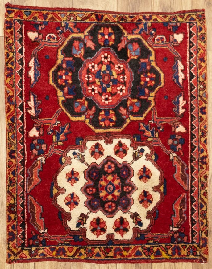 Handmade Wool Tribal Floral Entryway Rug 2'8 x 3'3 Vintage Western Asia: Handmade Wool Tribal Floral Entryway Rug 2'8 x 3'3 Vintage Western Asia This vintage handmade wool rug features a tribal floral pattern in shades of red, cream, plum, blue, coral, and navy. Hand-knott