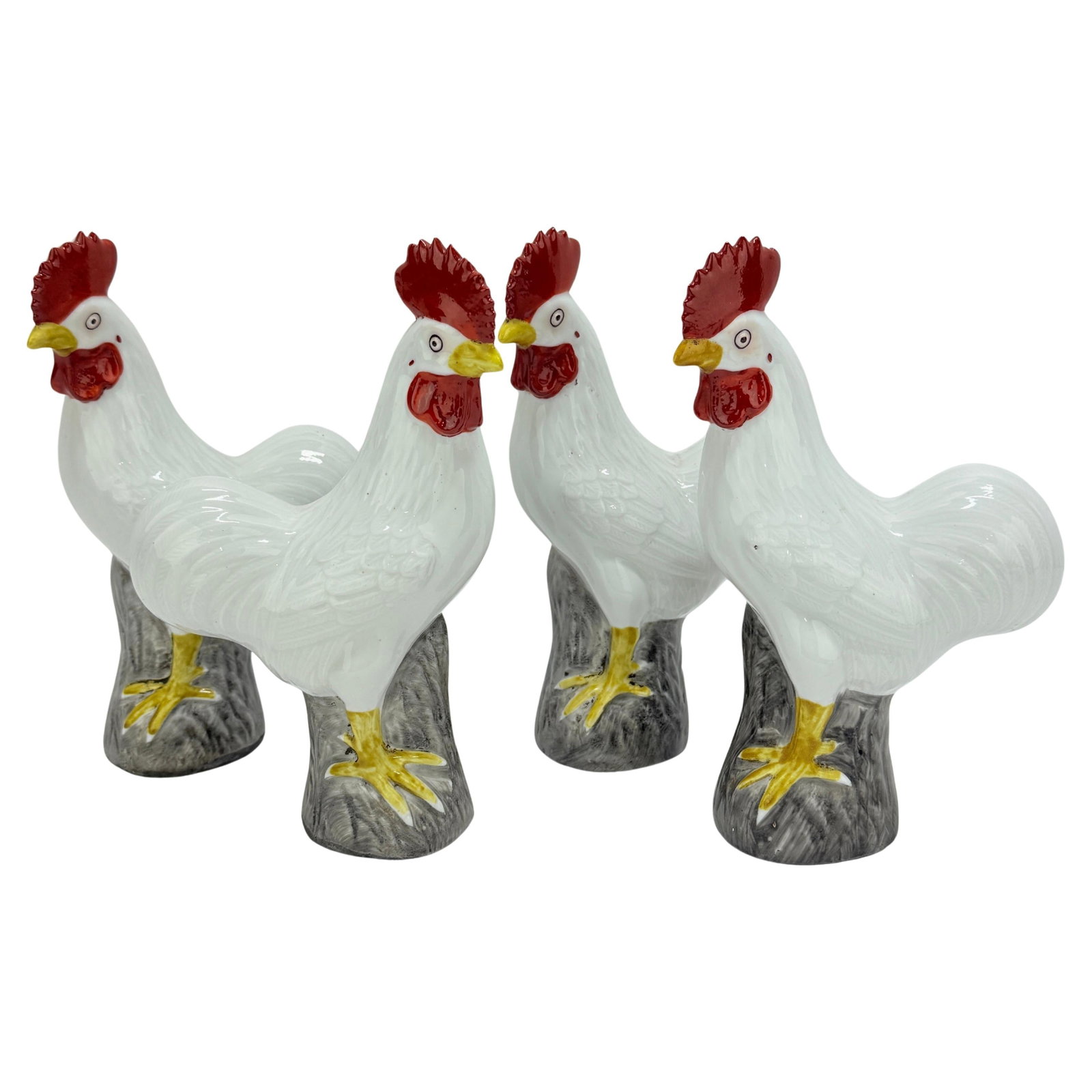 Set of Four Midcentury Porcelain Roosters in Chinese Export Style: Set of Four Midcentury Porcelain Roosters in Chinese Export Style This set consists of four porcelain rooster figures crafted in the Chinese Export style, dating to the mid-20th century. Each figure i