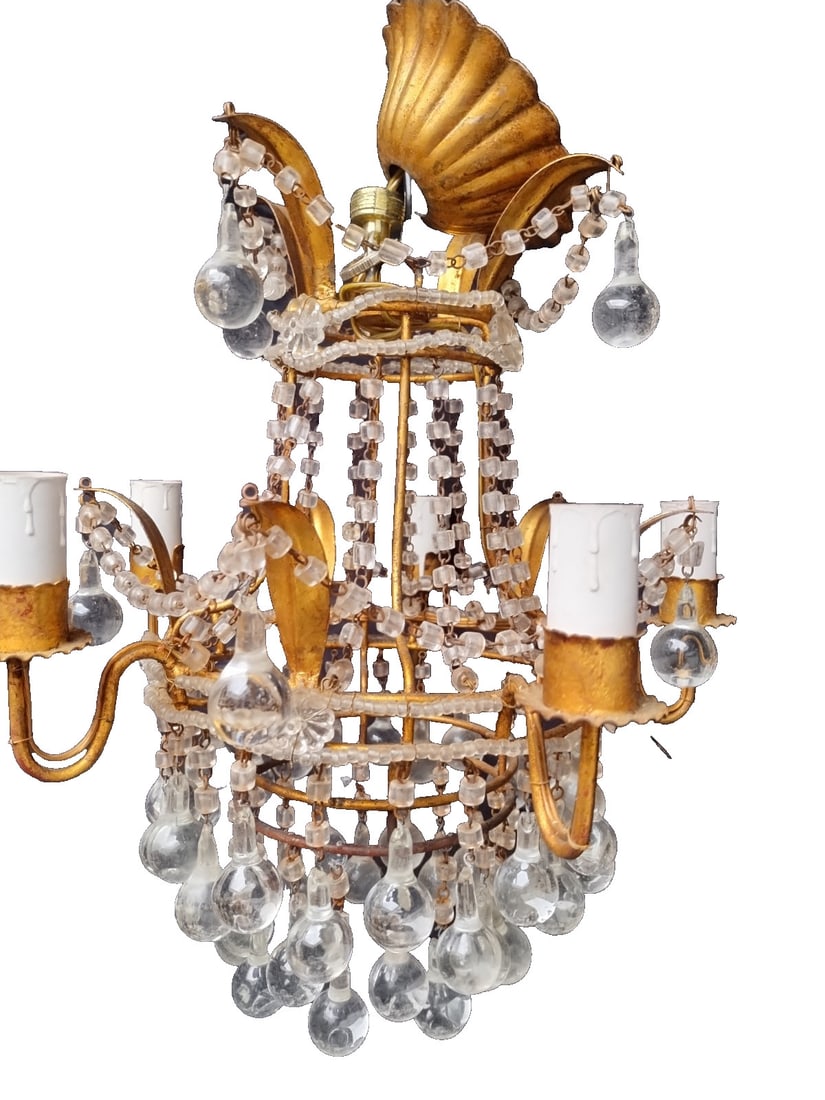 Italian gilt tole 5 light chandelier with macaroni beads 12"dia 16" (1 of 6)