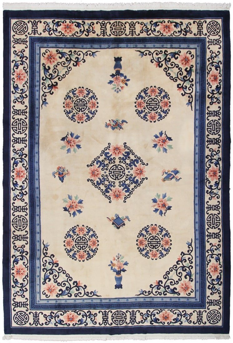 Chinese Peking Art Deco wool area rug 9x12 ivory floral roundel: Chinese Peking Art Deco wool area rug 9x12 ivory floral roundel This vintage Chinese Peking Art Deco rug, dating to circa 1930, features an elegant floral roundel pattern on an ivory background. Exper