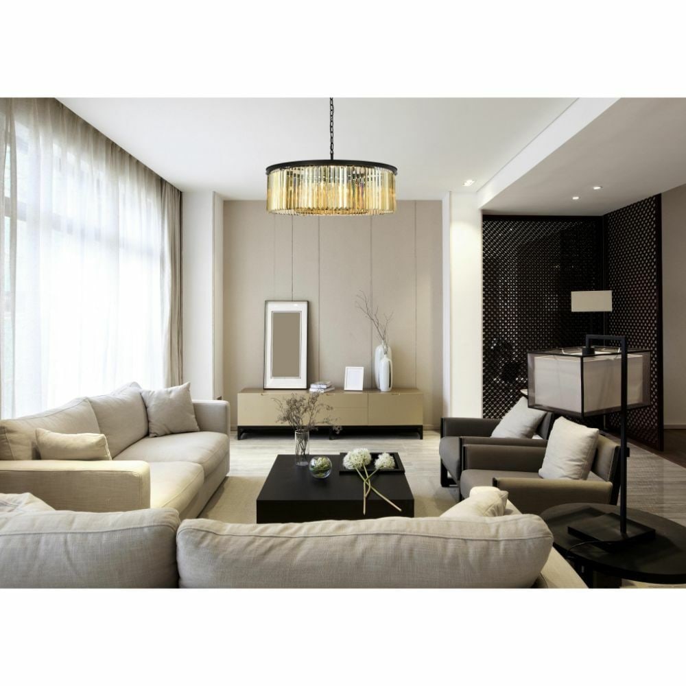 10-Light Matte Black Crystal Chandelier with Golden Teak Accents: 10-Light Matte Black Crystal Chandelier with Golden Teak Accents This large, modern chandelier features a matte black frame adorned with high-quality golden teak crystals, creating an elegant centerpi