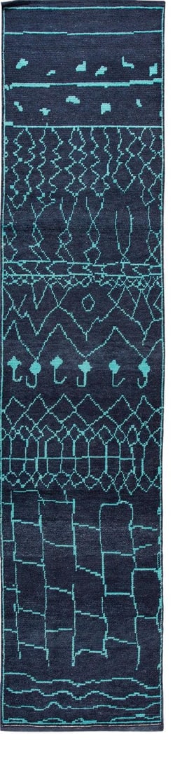Contemporary Moroccan Wool Runner Rug 3' x 13'8 Navy Blue: Contemporary Moroccan Wool Runner Rug 3' x 13'8 Navy Blue Enhance your space with this stunning contemporary Moroccan style runner rug, expertly hand-knotted from luxurious wool. Featuring a striking 