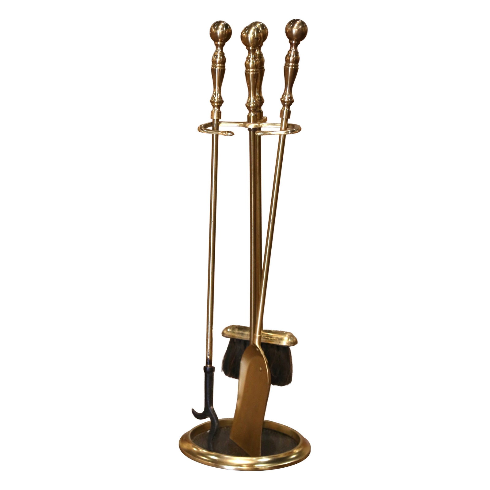 French Louis XVI brass and iron fireplace tools set of 4: French Louis XVI brass and iron fireplace tools set of 4 Mid-Century French four-piece fireplace tool set on a stand, crafted circa 1970 in the Louis XVI style. Made of brass and iron with hand-crafte