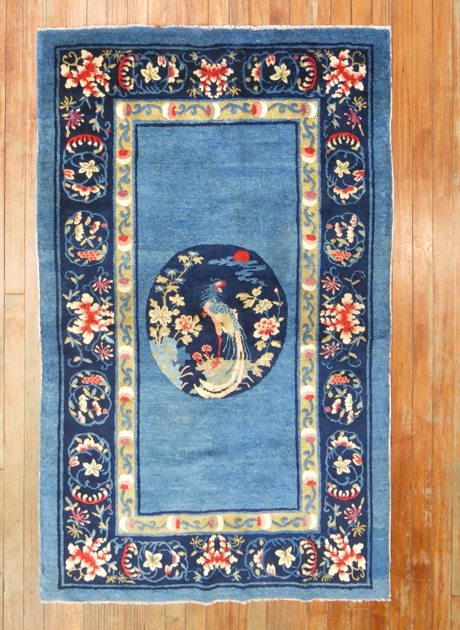 3' 3" x 5' 1" Antique Chinese Rug Blue Floral Medallion: 3' 3" x 5' 1" Antique Chinese Rug Blue Floral Medallion Antique Chinese scatter rug in blue, featuring a floral design surrounding an animal center medallion, circa 1930s. Pre-owned. Specifications It