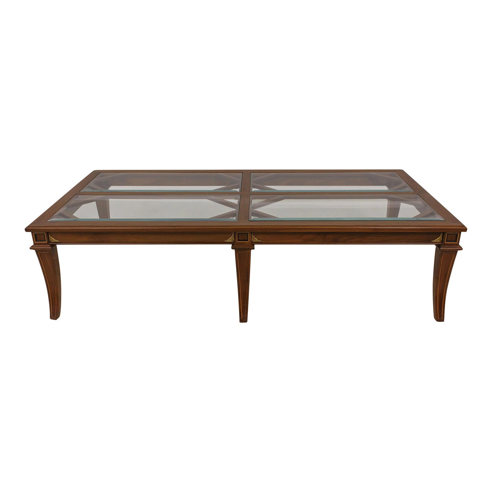 John Widdicomb Attributed Regency Walnut Coffee Table with Beveled Glass Top: John Widdicomb Attributed Regency Walnut Coffee Table with Beveled Glass Top This impressive Regency Style coffee table features a high-quality construction with a beautiful walnut frame and a beveled